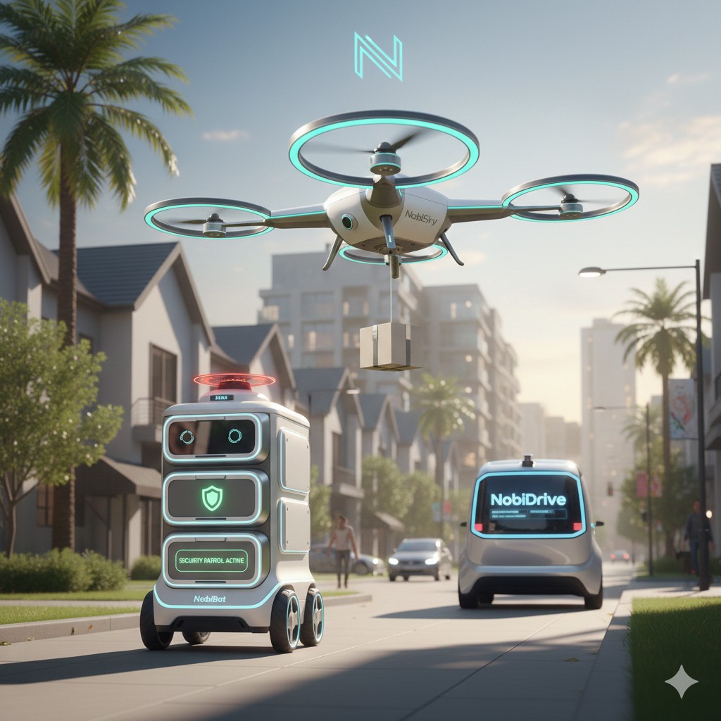 Nobi family: NobiBot, NobiSky, and NobiDrive in a smart community street scene